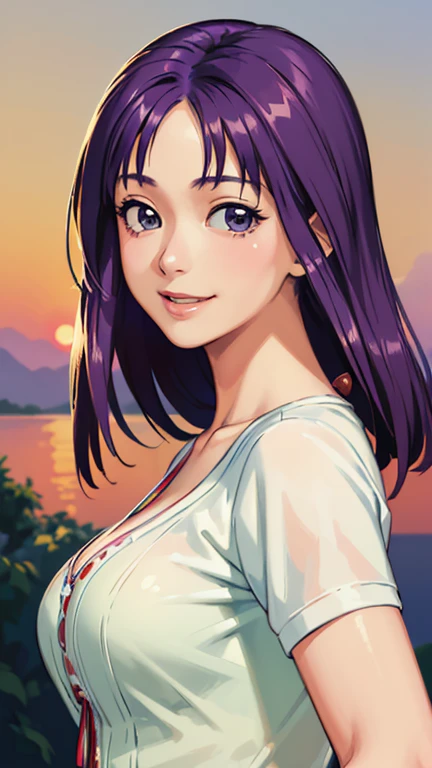 ((masterpiece, Highest quality, Highest quality, Official Art, beautifully、beautiful:1.2)),((masterpiece)),((Vibrant colors)),((Ayako Katagiri)),((幸せそうなsmile)),((smile)),((looks fun)),(one piece),(((Side bust))),(sunset)