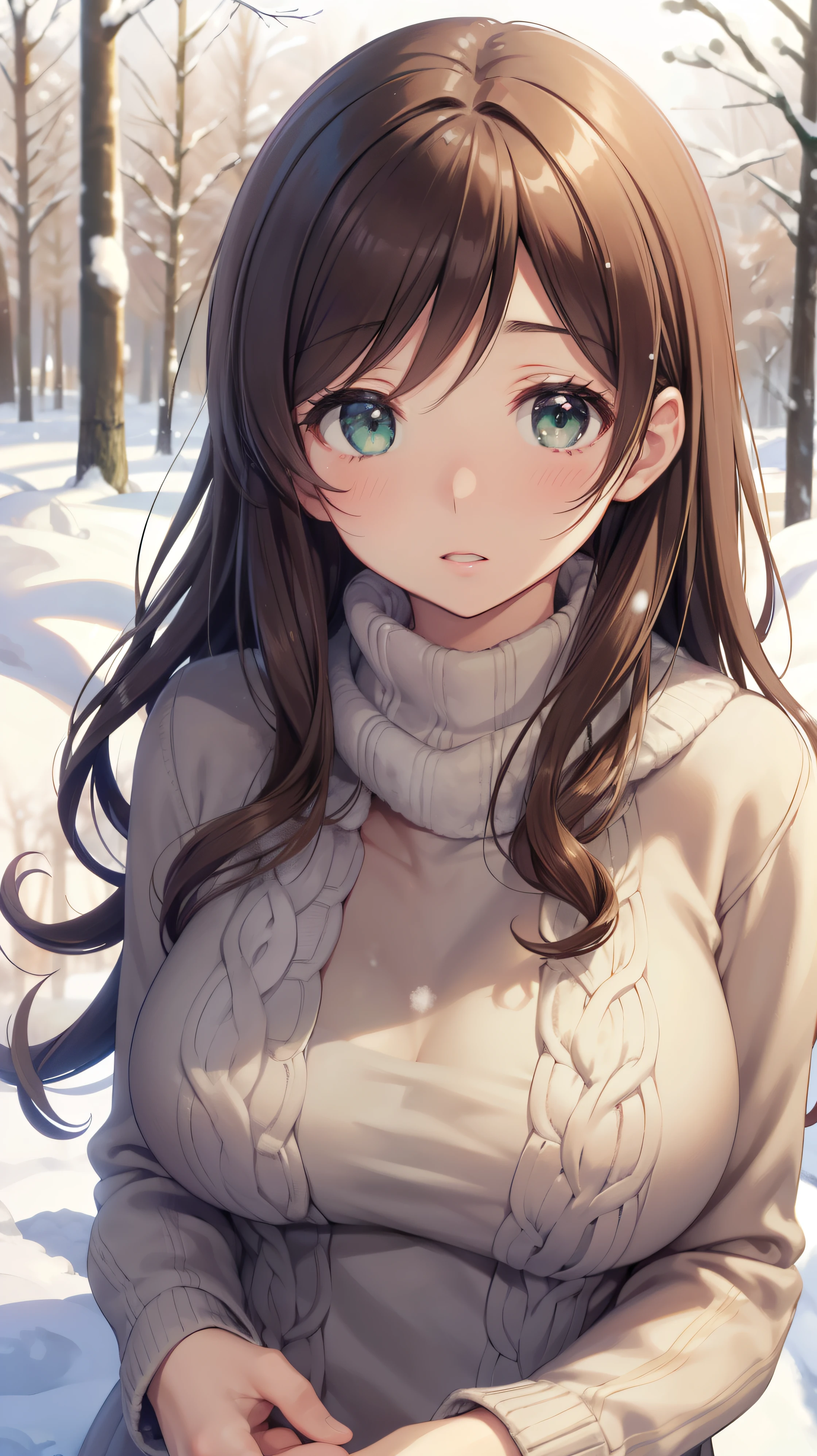 nozomitoujou, Nozomi-san always, Green Eyes, Brown Hair, Curly Hair, Large Breasts, masterpiece, Highest quality, High resolution, Beautiful attention to detail, Highly detailed face, Good lighting, Detailed CG, Messy Hair, Glossy Lips, Worried, Snow Forest, Knitted sweater dress, (buried in snow)