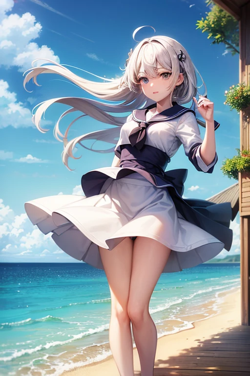 (master_piece, high_quality, beautiful, super delicate, absurdres:1.2), 1girl, mature, , beautiful face, ahoge, hair fluttering in the wind, white hair, blue eye, (long sailor suit, long skirt, The wind is blowing, Skirt flipped up, I can see your underwear, skirt that flipped in the wind, skirt billowing, I can see your underwear, wind lift:1.2), port, (clear water, gemstone sea:1.2), Ship in the distance, The trails that planes make, blue sky, Sunshine, street in the distance,