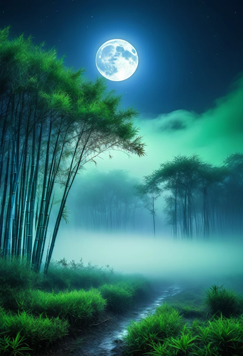 
               (Only the bamboo forest treetops and full moon are visible) 在月光下竹林  close up ( Look from the bottom up) close up 


               (Only Treetops and Full Moon are Visible.)Moonlight Pierces Through the Gaps in the Trees. high dynamic range, super high quality, The Tyndall effect. Layers of blue-green mist, splendid，shining,

                     The presence of the moon feels alien. Thick fog envelops the surroundings.. Foggy environments convey a sense of mystery and suspense Stunning

                    The Tyndall effect Ethereal glow Detailed portrayal of a surreal dream-like world Sharp focus, Writing Depth,

                              The best shadow, Perfect light, high dynamic range, Realistic textures, Super Detailed Background Wide-Angle Lens