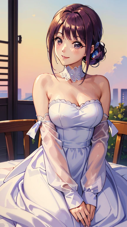 ((masterpiece, Highest quality, Highest quality, Official Art, beautifully、beautiful:1.2)),((masterpiece)),((Vibrant colors)),((Ayako Katagiri)),((幸せそうなsmile)),((smile)),((looks fun)),(White dress),(((Side bust))),(sunset),(Shoulders exposed)