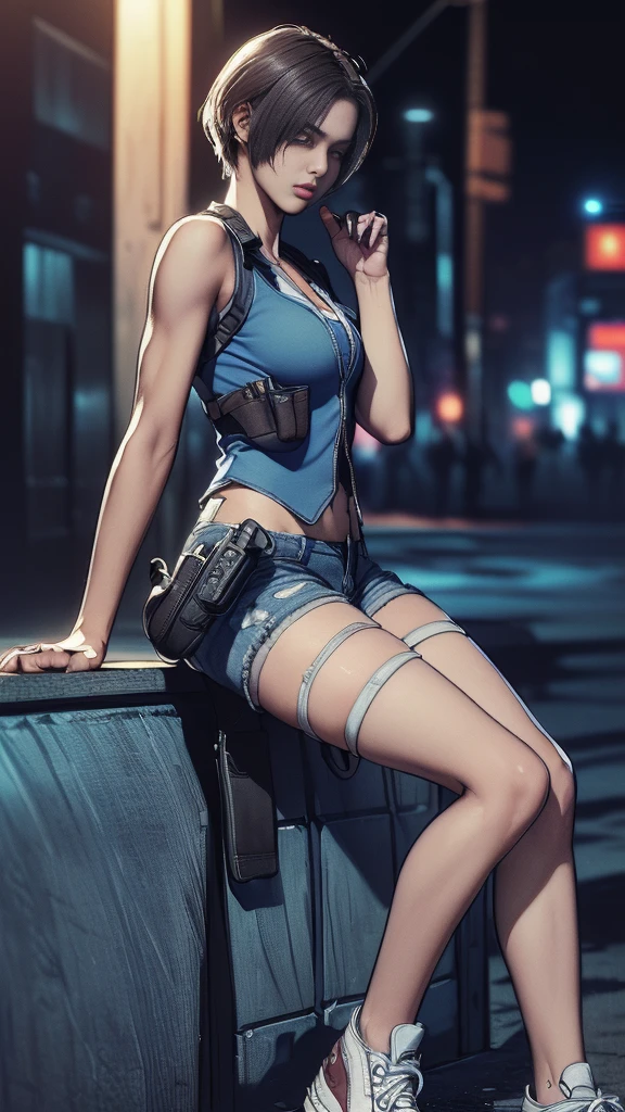 (A woman),(whole body:1.5),(front),(((Jill Valentine standing:1,5))),((Little blue vest:1.5)),((Dirty denim shorts:1.5)),((Tactical Holster:1.5)),((Dirty white sneakers:1.5)),(Serious:1.5),(short hair:1.5),(Dirty face:1.5),(beautiful eyes:1.3),(Very detailedな顔:1.5),((Very detailed drawing of a female hand:1.5)),((muscular:1.5)),((Sexy appearance:1.5)),(Beautiful Body:1.5),(Very sensual:1.5),(the background is a night city in America:1.5),((resident evil style:1.5)),(((Blurred background:1.5))),(Written border depth:1.5),rest(((masterpiece:1.5),(best quality:1.5),(Very detailed:1.5),(high resolution:1.5),(Practical:1.5),(Reality:1.5),(Delicate depiction),(carefully drawn))),8K,wallpaper