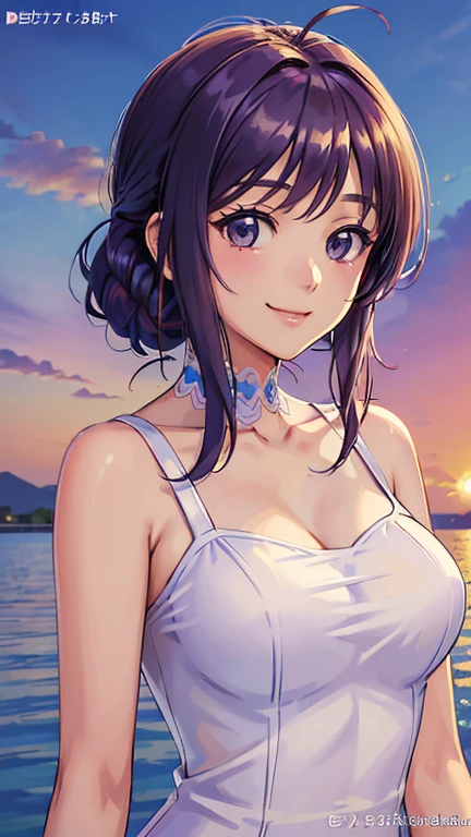 ((masterpiece, Highest quality, Highest quality, Official Art, beautifully、beautiful:1.2)),((masterpiece)),((Vibrant colors)),((Ayako Katagiri)),((幸せそうなsmile)),((smile)),((looks fun)),(White dress),(((Side bust))),(sunset),(Shoulders exposed),(See-through)