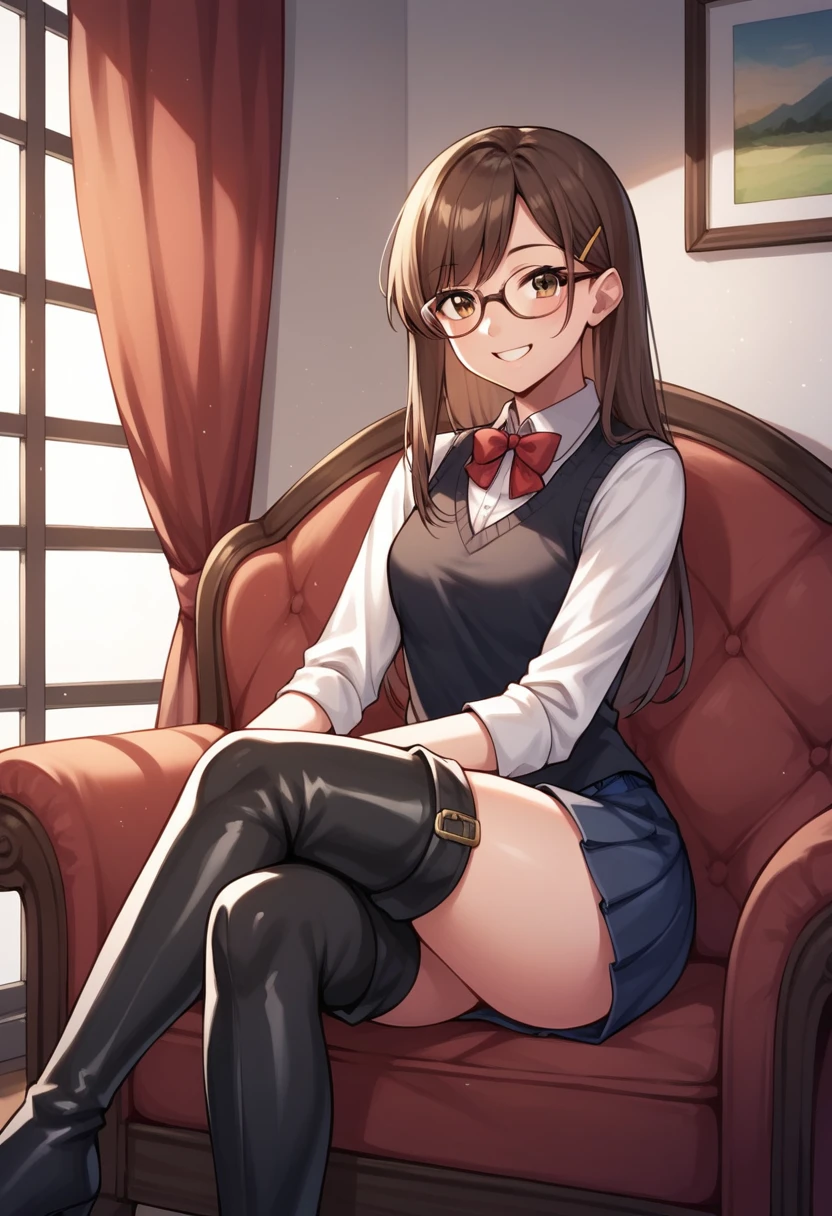 score_9, score_8_up, score_7_up, score_6_up, score_5_up, score_4_up, source_anime, 1girl,lora:amber1-000008:1>, amber5star, upper body, smile, young, brown hair, long hair, brown eyes, glasses, black vest, white shirt, thigh high boots, crossed legs, looking at the viewer, sofa, sit, room, best quality, best res, 4K UHD,
 