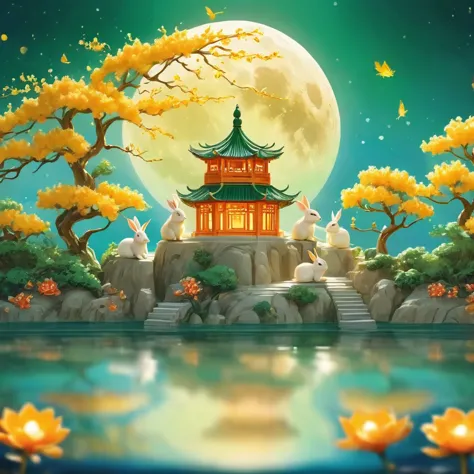 chinese architecture situated on a super big moon cake, four rabbits sitting next to each other eating moon cake with osmanthus ...