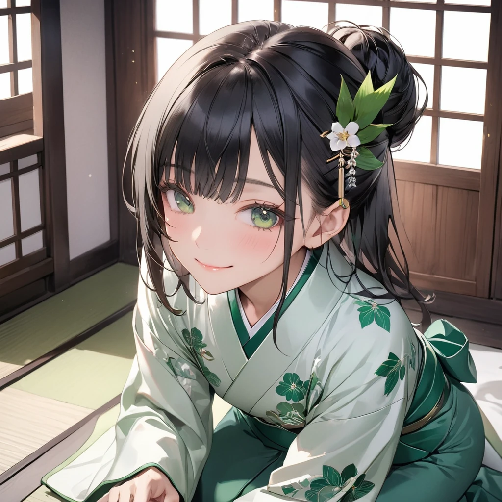 (masterpiece),(highest quality:1.2),(Highly detailed elegant),((Perfect Anatomy)),(Perfect Fingers:1.3),(1 girl),(japanese princess),(small breasts),(beautiful silky black hair:1.2),(frontal face),beautiful and detailed green eyes,beautiful detailed white kimono fashion with green leaf pattern,japanese hairpin with detailed emerald,Disappointed,pastel tones,shy smile,in japanese tea house,beautiful lighting,((seiza)),wide shot