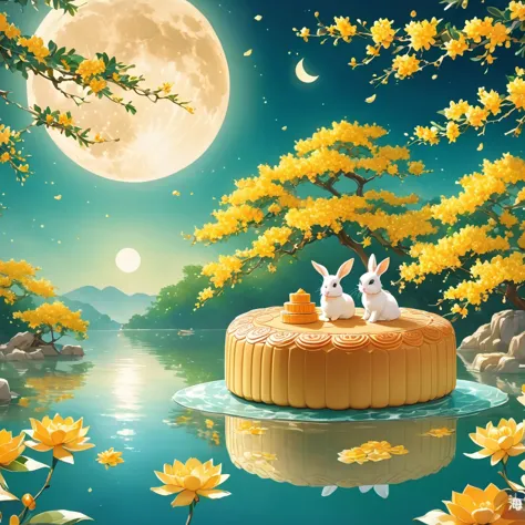 chinese architecture situated on a super big moon cake, four rabbits sitting next to each other eating moon cake with osmanthus ...