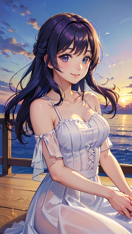 ((masterpiece, Highest quality, Highest quality, Official Art, beautifully、beautiful:1.2)),((masterpiece)),((Vibrant colors)),((Ayako Katagiri)),((幸せそうなsmile)),((smile)),((looks fun)),(White dress),(((Side bust))),(sunset),(Shoulders exposed),(See-through)