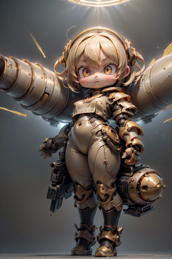 (Top quality, ultra high quality, ultra high definition, realistic masterpiece,) (Carefully created CG illustration: 1.2) One girl, Mecha girl ((Cute short girl))) (Petite, Mini, 10 years old: 1.5) Realistic anime face (Big eyes, big face, beautiful face) (small bouncy breasts, erect nipples sticking out of clothes, not see-through)((Spaceship lower body, lots of jet boosters)) (Gigant , armor, huge gauntlets from elbow to elbow, mechanical ring on head, goggles on forehead, huge gun on back) Whole body composition, space war, lots of small flashes ((Many bursts of light in the background)) Effective use of LoRA, cool looking up pose, carefully balanced over a long period of time((Gold Armor))