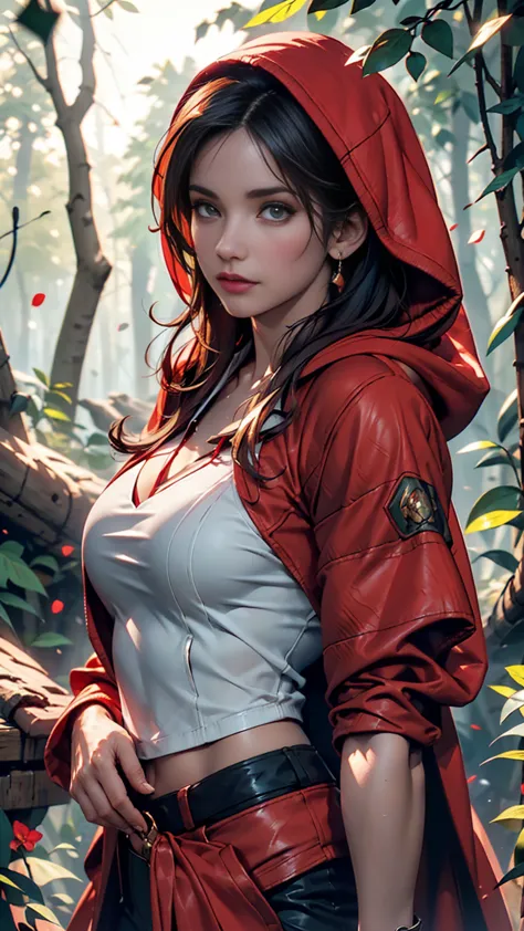 close-up portrait of new lara croft in the forest, (backlight), realistic, masterpiece, highest quality, ((red hooded cloak)), (...