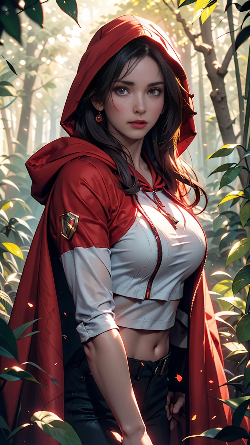 Close-up portrait of New Lara Croft in the forest, (Backlight), Realistic, masterpiece, Highest quality, ((Red hooded cloak)), ((Scared )), Lens flare, Shadow, bloom, (( Flash of light)), [chromatic aberration], by Jeremy Lipking, by Antonio J. Manzanado, by (Alphonse Mucha), Digital Painting