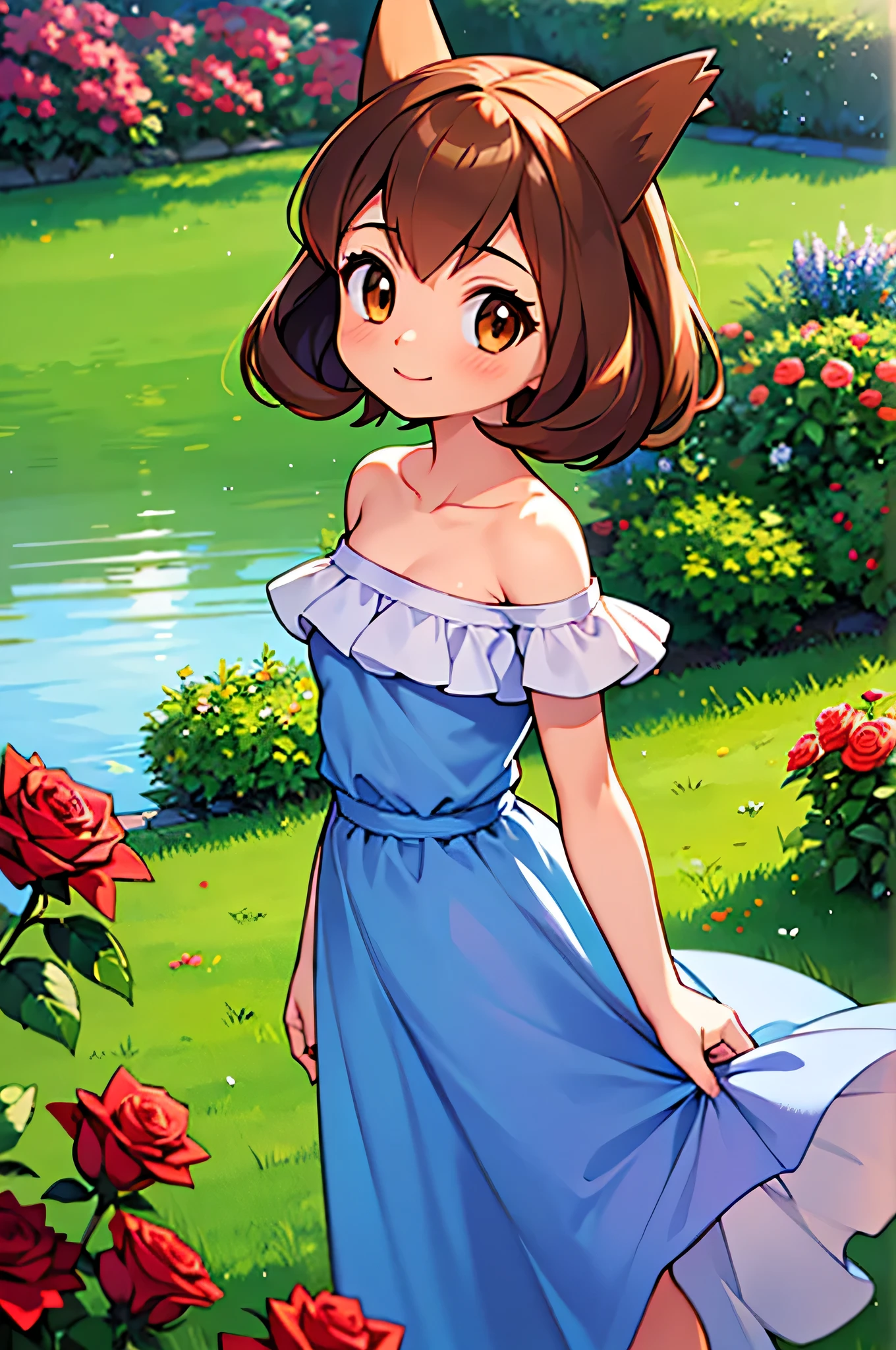 masterpiece, best quality, ultra-detailed, illustration, beautiful detailed eyes, very detailed illustration, cinematic lighting, 1 girl, solo, Pokemon Heroes (Bianca), Brown Hair, brown eyes, bare shoulders, strapless, off shoulders, white ruffle off the shoulder maxi dress, intricate details, sharp focus, high resolution, the background of beautiful garden with rose bushes, on a beautiful afternoon, smile, standing near a lake, arms behind back, anime style, ultra-detailed, hdr, far at the bottom, in the center, Close up
