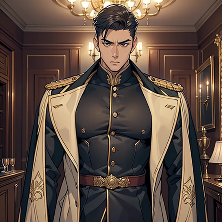 ((A handsome male general stands in a luxurious, dimly lit room. He is dressed in a military uniform that accentuates his muscular build and confidence. The uniform jacket is unbuttoned, revealing a huge manly breast)), NSFW, porn, hentai, His expression is intense and commanding, The soft glow of candlelight highlights the sharp contours of his face and the details of his uniform - creating a sensual and romantic atmosphere,  (The room is decorated with rich, velvet drapes and antique furniture, adding an air of mystery and allure),