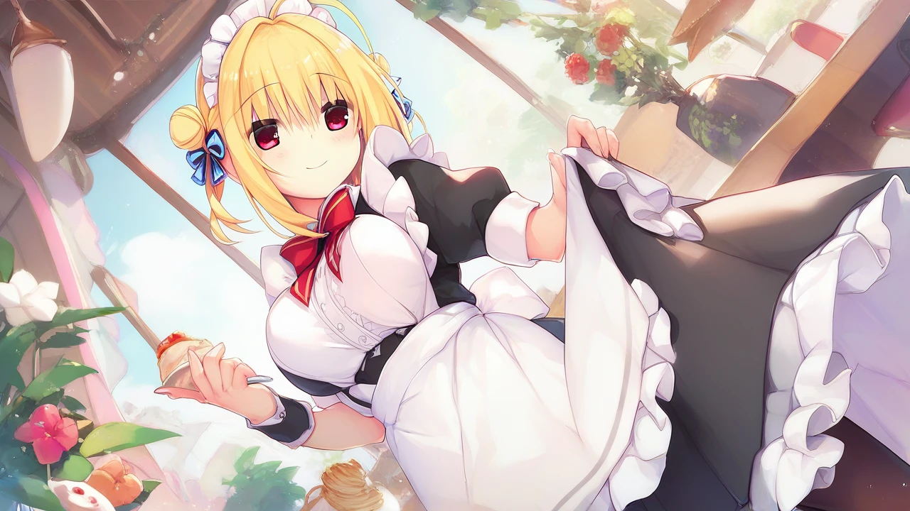 hiyori-default,red eyes,blonde hair, double bun,ahoge,maid,maid costume,maid_headdress,bowtie,black_pantyhose,smiling,cafe