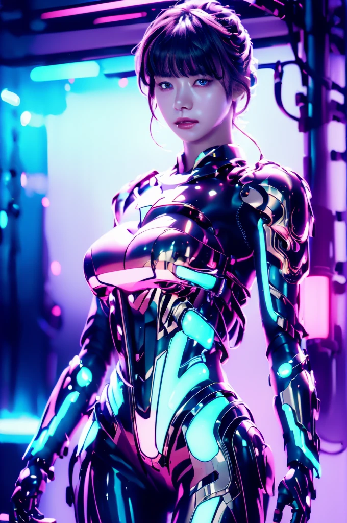 Highest quality, masterpiece, figure, (Realistic, photo-Realistic:1.37), wonderful, In detail, Incredibly absurd, Large file size, Very detailed, High resolution, Very detailed CG Unity 8k wallpaper, Very detailed目と顔, Ray Tracing, Browsing Caution, NUDE, One girl, Korean cyborg girl is innocent and young々Has a sly expression. She poses boldly with her arms raised above her head, Revealing her voluptuous figure. She is wearing a small black mecha armor top that barely covers her breasts., Exposing most of her flawless skin. Her shoulders and head have more armor detailing.、There are shining highlights, Tech Panels and Mechanisms. She is standing against a futuristic cityscape lit up with vibrant neon lights.、Standing full of energy。.