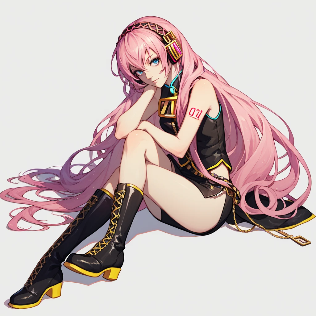 1 girla(cool beauty, vocaloid, Luka Megurine, pink hair, long hair, straight hair, black headphone, sleeveless black short suit, side slit black skirt, black long socks, yellow long boots)