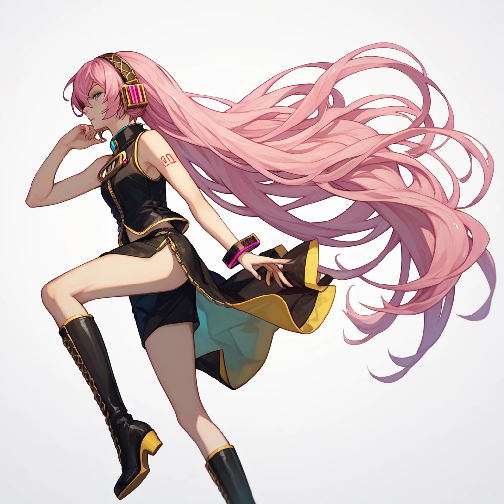 1 girla(cool beauty, vocaloid, Luka Megurine, pink hair, long hair, straight hair, black headphone, sleeveless black short suit, side slit black skirt, black long socks, yellow long boots)