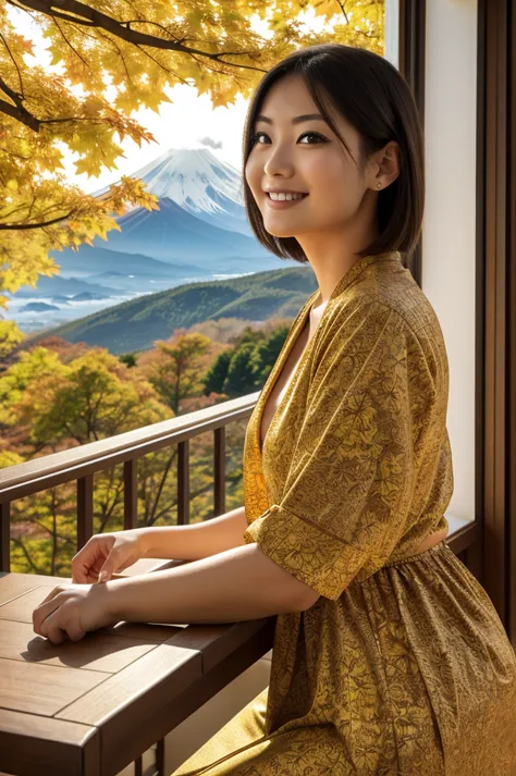 a stunningly beautiful 28-year-old woman, detailed beautiful eyes and face is sitting at a table with a view of the fuji mountai...