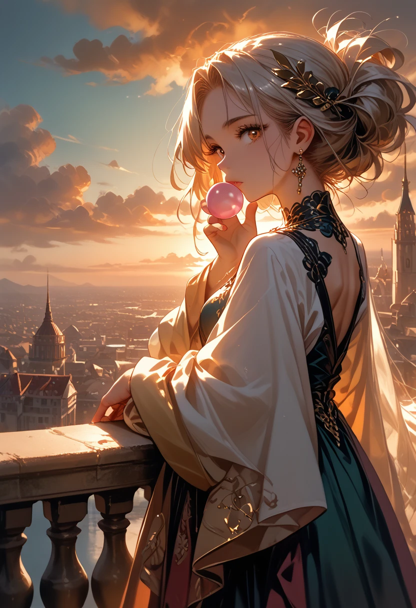 28 years old, Girl 1, Bright and Sexy, standing on the balcony, beautiful view, blowing bubbles, sunset, clear detail, dynamic shadows, masterpiece, It's getting dark, Very Juicy Colors, 8 K, Maximum Resolution, score_9,score_8_up,score_7_up,masterpiece,best quality,perfect anatomy,very aesthetic,official art,8k