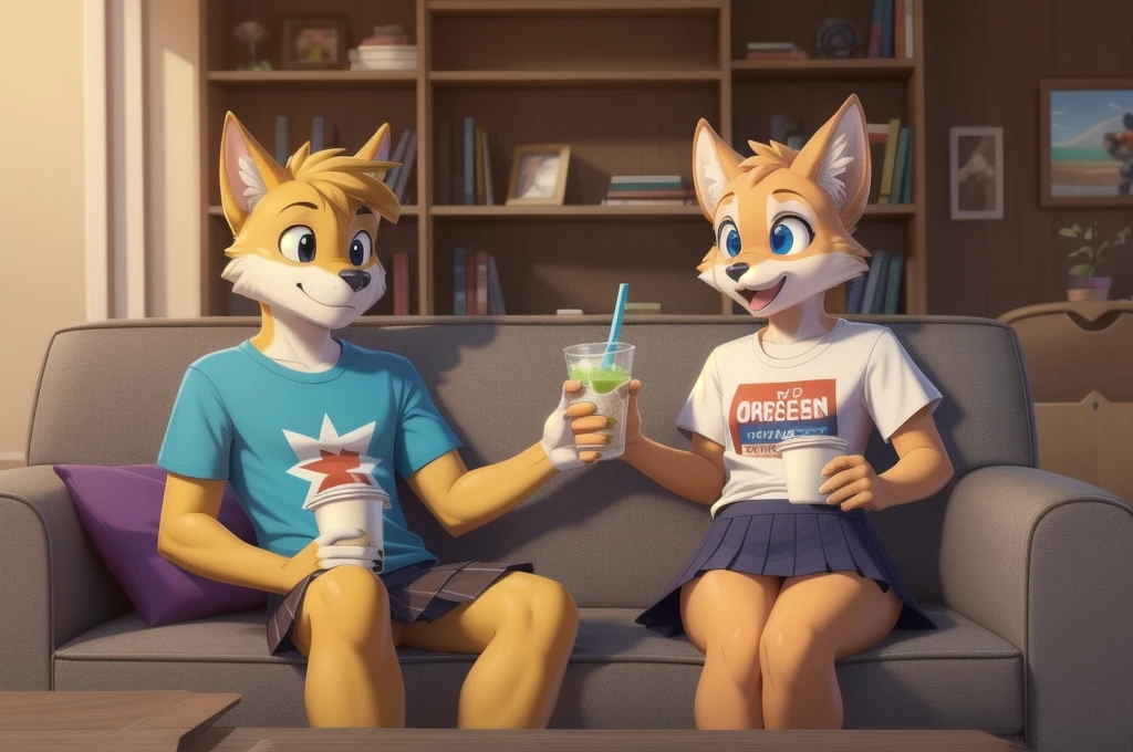 (anthro furry:1.4), duo, 1girl, 1boy, skirt, logo t-shirt, living room, video games, sitting on couch, playing game,  drink cup, drink straw, cartoon, western cartoon, vibrant colors, (masterpiece:1.2), best quality, crisp, clear, detailed eyes, 