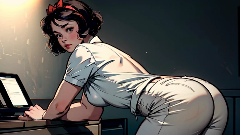 a beautiful girl with classic bob haircut (red bow headband), wearing white shirt and tight grey trousers, working in an office, swaying her hips, looking back at the viewer, realistic,photorealistic,photo-realistic:1.37,ultra-detailed,best quality,4k,8k,highres,masterpiece:1.2,vivid colors,studio lighting,sharp focus