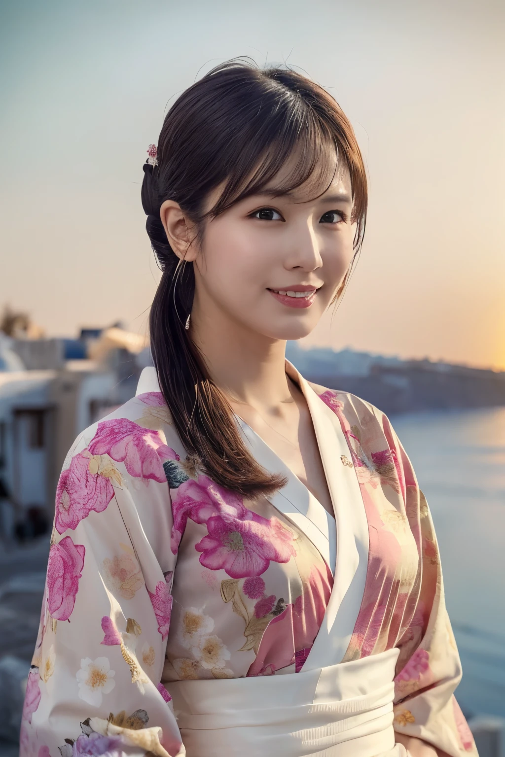 1 person, (Wearing a pink floral kimono.:1.2), Very beautiful Japanese idol portraits, 
(RAW Photos, Highest quality), (Realistic, Realistic:1.4), (masterpiece), 
Very delicate and beautiful, Very detailed, 2k wallpaper, wonderful, finely, Very detailed CG Unity 8k 壁紙, Very detailed, High resolution, Soft Light, 
Beautiful details, Very detailed目と顔, Beautiful and sophisticated nose, Beautiful and beautiful eyes, Cinema Lighting, 
(Commemorative photo on Santorini Island:1.3), (White Building), (blue sky), (Church bells), (Aegean Sea),
(Japanese hairstyle), (Tie your hair at the back:1.3), (bangs), (hairpin), 
Complete Anatomy, Slender body, Small breasts, smile