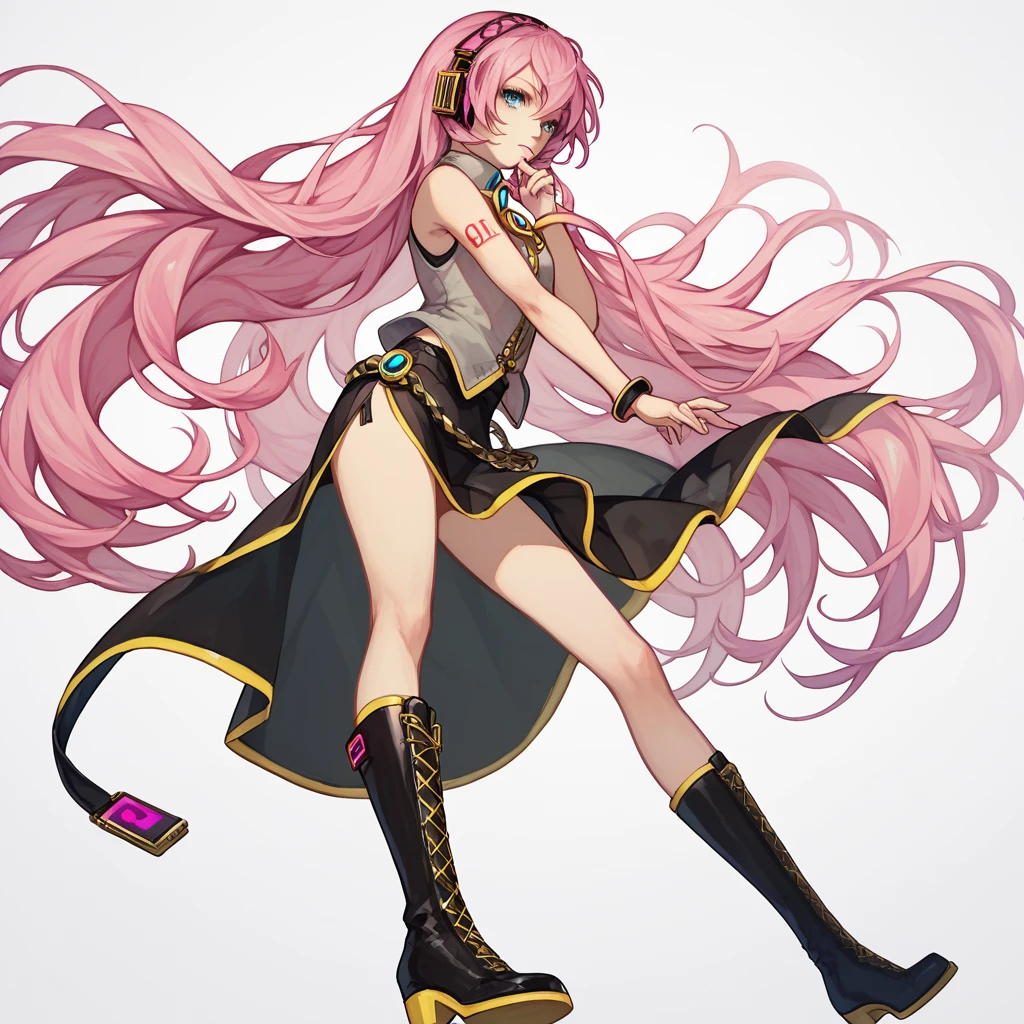 1 girla(cool beauty, vocaloid, Luka Megurine, pink hair, long hair, straight hair, black headphone, sleeveless black short suit, side slit black skirt, black long socks, yellow long boots)