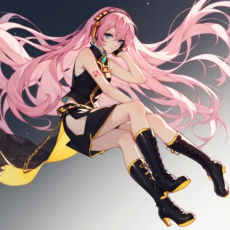 1 girla(cool beauty, vocaloid, luka megurine, pink hair, long hair, straight hair, black headphone, sleeveless black short suit,...