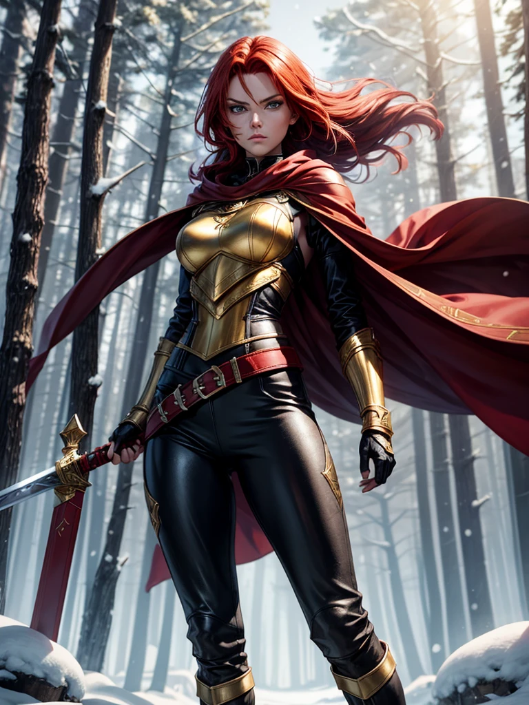 Sylara Stormblade, a tall woman with bright red hair and blue eyes, wearing elegant mithril armor with golden details, tight black leather pants with metallic segments, a sturdy belt with multiple compartments and pouches for storing items and a scabbard for her sword, knee-high leather boots, with shin and ankle reinforcement, in golden details, anime style, standing in a forest, wearing gauntlets and a red cape, in the snow, showing her whole body in an action pose.