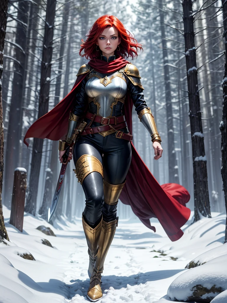 Sylara Stormblade, a tall woman with bright red hair and blue eyes, wearing elegant mithril armor with golden details, tight black leather pants with metallic segments, a sturdy belt with multiple compartments and pouches for storing items and a scabbard for her sword, knee-high leather boots, with shin and ankle reinforcement, in golden details, anime style, standing in a forest, wearing gauntlets and a red cape, in the snow, showing her whole body in an action pose.