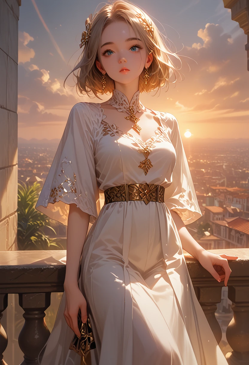 28 years old, Girl 1, Bright and Sexy, standing on the balcony, beautiful view, blowing bubbles, sunset, clear detail, dynamic shadows, masterpiece, It's getting dark, Very Juicy Colors, 8 K, Maximum Resolution, score_9,score_8_up,score_7_up,masterpiece,best quality,perfect anatomy,very aesthetic,official art,8k