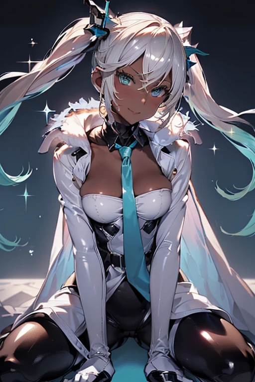 ruanyi0111, belt, white bodysuit, thigh boots, white gloves, katana, white cloak, sheathed, necktie,　
 (((Sexy aqua fur coat)), Aqua fur coat outfit,
Put your hand on your cheek,
Arrogant look, Domineering smile,
High resolution,Sharp focus,(Super detailed,Very detailed),(Very detailed CG unity 8k wallpaper),(((Vibrant colors))),{best illustration},
Iooikles,Platinum Blonde Hair,Twin tails, hair ornaments, (complete anatomy),
Complex eyes,Beautiful Eyes,Symmetrical eyes,Big eyes:1.5,Seductive eyes, (((dark skin,dark_skin,lustrous skin:1.5,bright skin: 1.5,
skin tanned, shiny skin,very shiny skin,Shiny body,plastic glitter, 
skin,exaggerated shiny skin,illuminated skin))),Perfect Fingers,
(Detailed body),(Detailed face)), cute,Lewd,erotic,Bold,Camel Toe,
small breasts,Revealing clothing,show skin,
Labyrinth of Darkness, white cobblestone, Dark shadows,  Dimming light, Hair flutters violently,
leaning back, (extreme close-up of thigh:1.5),  (The view is from very close below:1.5), Pushing hips forward,  (sitting), Open legs wide, spread legs, arms behind back,