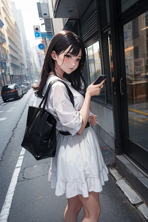 Highest quality、masterpiece、High sensitivity、High resolution、Detailed Description、Slender women、on the road、While playing with a cell phone、Carrying a big bag、Leaning against a building、Are standing、