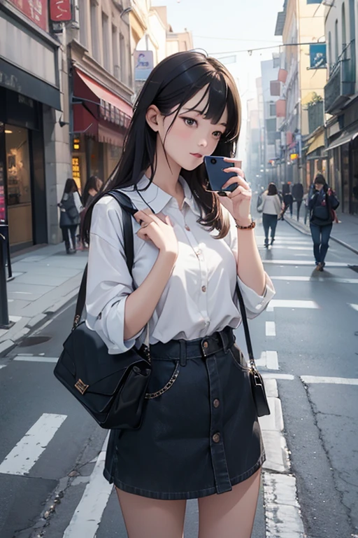 Highest quality、masterpiece、High sensitivity、High resolution、Detailed Description、Slender women、on the road、While playing with a cell phone、Carrying a big bag、Leaning against a building、Are standing、