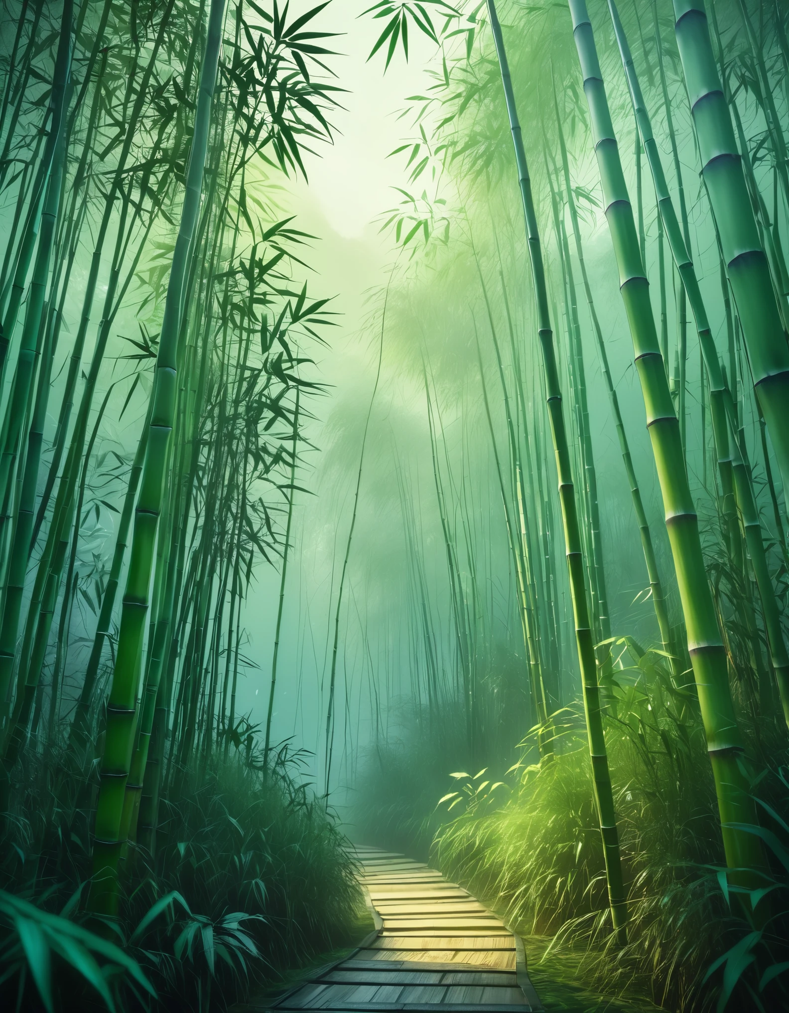 a fantastical bamboo forest landscape, Haze, no light source, dim, (Highest quality、4K、8k、High resolution、masterpiece:1.2)、Super detailed、Intricate brushstrokes, Natural light, A calming color palette, a tense atmosphere, quiet, Calmness, Oriental aesthetics, Dynamic composition, harmony, zen-like, Ethereal, Meditative high quality.