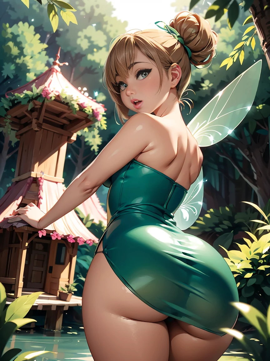 Riley Reid from Tinker Bell (Disney character), Realistic, Dynamic Lights, ((highest quality)), ((masterpiece)), (detailed), Ultra HD, Very Detailed CG Unified 8k Wallpaper, (Cinema lighting), (Anime illustration), Face up, Perfect Face, detailed, (full shot), Tinker Bell is a tiny fairy with translucent wings, sparkling green eyes. She wears a short green dress made of leaves, and her skin has a magical glow. Her wings are delicate and shimmer as she flies gracefully, looking at viewer, cowboy shot, low angle, from behind, big ass naked, realistic hands, detailed hands, perfect anatomy, clean details, high quality, sharp focus, Photorealistic Photorealism, background a magical forest with towering trees, glowing moss, and colorful flowers. Sunlight filters through the leaves, reflecting on a sparkling stream. Pixie dust and fireflies float in the air, with a tiny fairy house nestled among the tree roots.
