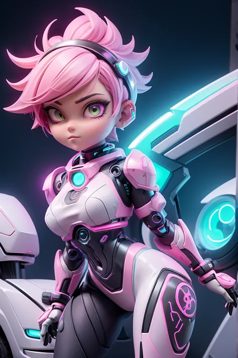 (((masterpiece, best quality, 16k))) female character with short pink hair and golden eyes. she wears a cybernetic armor in neon...