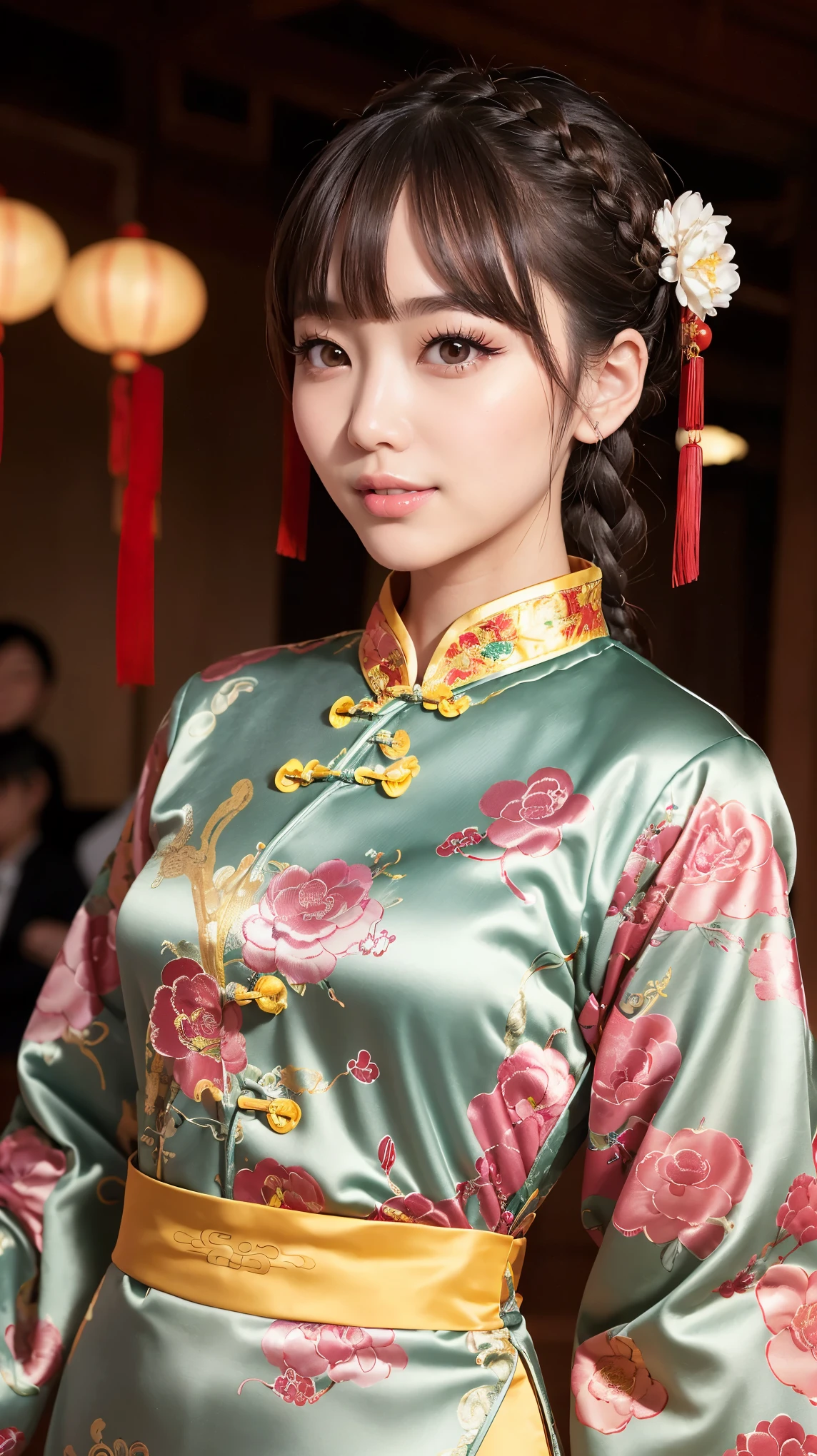 Realistic, masterpiece, Highest quality, Highest Resolution, Anatomically correct, Accurate Anatomy, 7 heads, Height: 165cm, One Japanese woman, profile, Staring at the audience, Smiling with an open mouth, Staring at the audience, Fine and beautiful eyes, Sparkling eyes, Thin eyebrows, Gives lashes a delicate finish, False eyelashes, (Chinese traditional makeup:1.2), (Dumpling＋Braided hair, Blunt bangs, Brown Hair:1.2), Detailed face, Sharp Eyes, (Traditional Chinese Dress, Clothes that fit snugly to the body, Random Color:1.3), Upper body photo, Background like ink painting