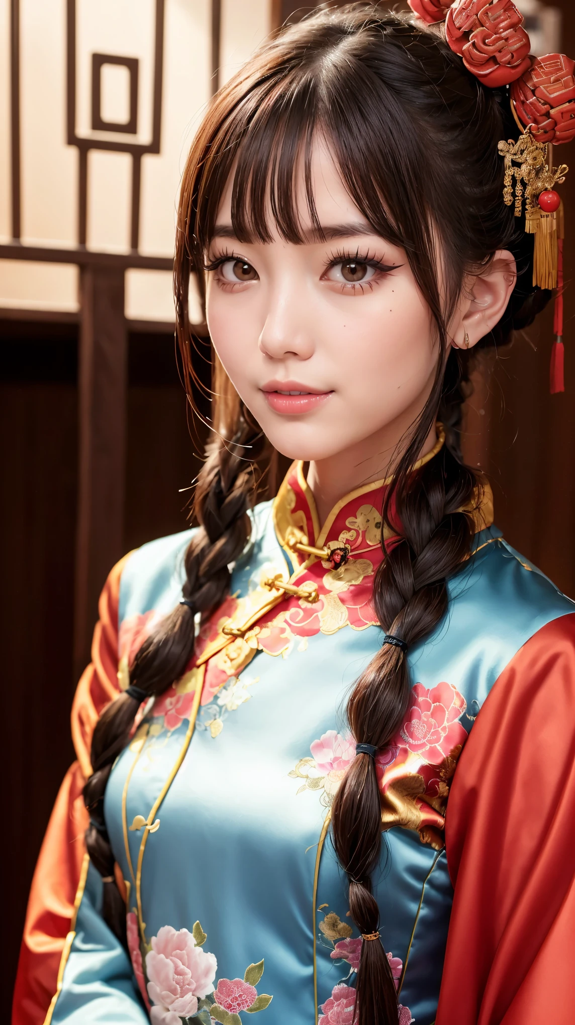 Realistic, masterpiece, Highest quality, Highest Resolution, Anatomically correct, Accurate Anatomy, 7 heads, Height: 165cm, One Japanese woman, profile, Staring at the audience, Smiling with an open mouth, Staring at the audience, Fine and beautiful eyes, Sparkling eyes, Thin eyebrows, Gives lashes a delicate finish, False eyelashes, (Chinese traditional makeup:1.2), (Dumpling＋Braided hair, Blunt bangs, Brown Hair:1.2), Detailed face, Sharp Eyes, (Traditional Chinese Dress, Clothes that fit snugly to the body, Random Color:1.3), Upper body photo, Background like ink painting