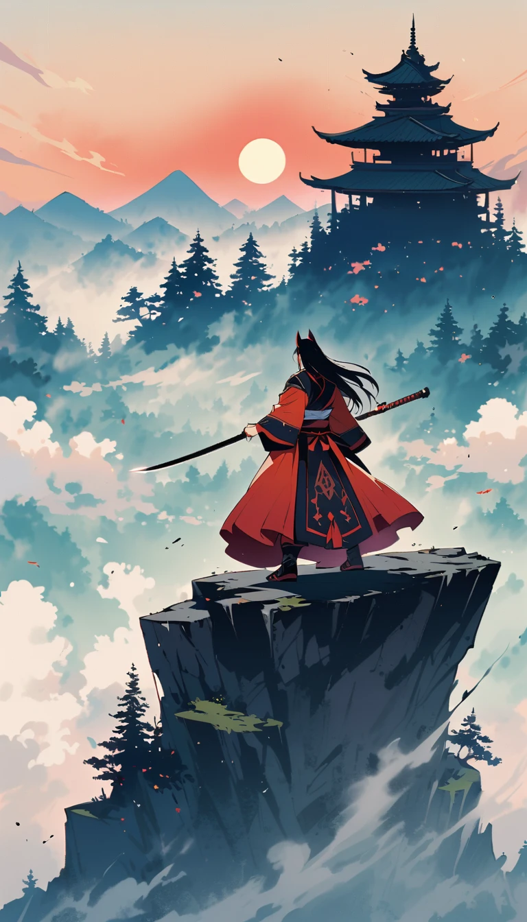 A male figure, Minamoto no Yoshitsune, in traditional warrior attire, standing on a mountain peak, facing a mythical tengu. The background is a mystical mountain landscape with mist and towering trees. Yoshitsune's stance is confident, and the tengu appears wise and powerful. The scene has a magical and mysterious atmosphere.