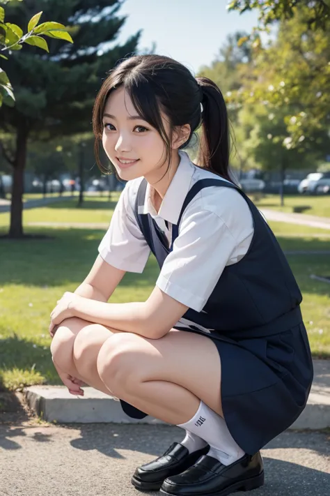 1japanese girl, wearing high school uniform, navy blue pinafore long dress, white folded socks, black penny loafers, low ponytai...