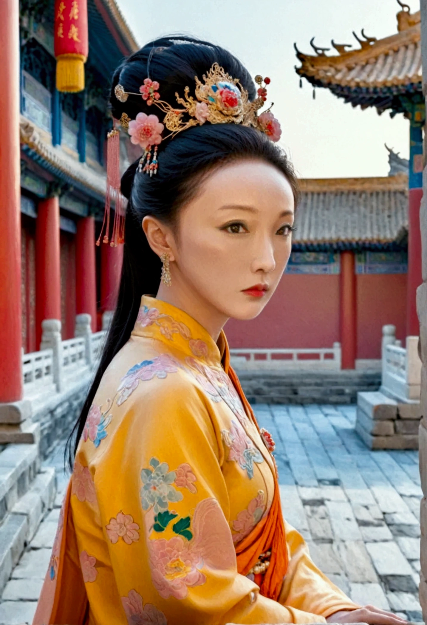 A nude Qing Dynasty empress poses from the front on the stone pavement of the Qing Dynasty Palace