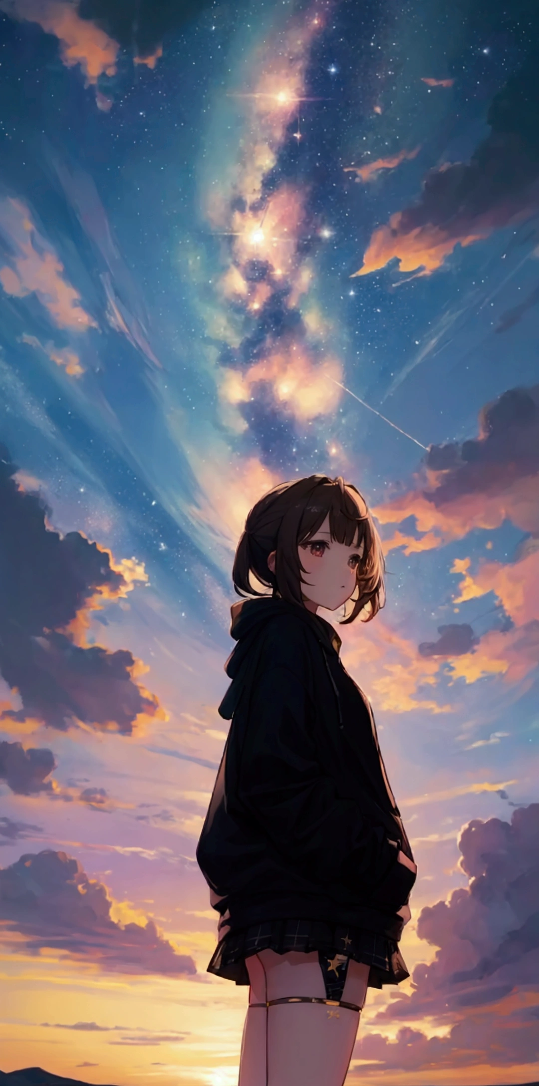 An unbeatable masterpiece,fly in the sky,milky way,starry skies,Black hoodie,mini skirt