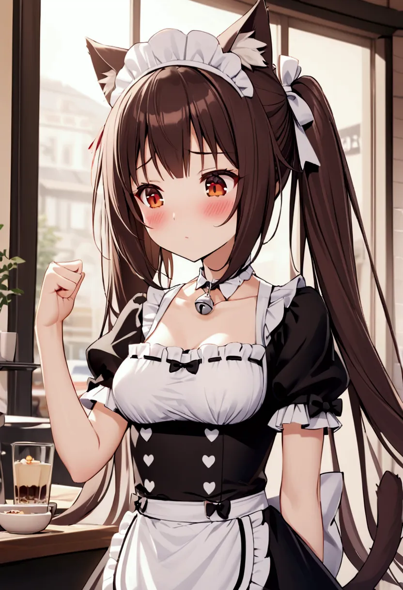 chocola. 1 girl with long brown hair. amber eyes, cat ears, maid uniform, silver bell on neck, medium breasts, cat tail, pigtail...