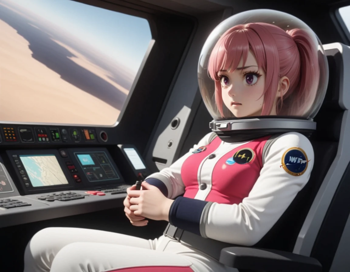 eva helm, spacesuit , astronaut), , pink hair, bubble helmet, space helmet, (1girl:1.1) wearing a (spacesuit:1.15), white cargo pants, (ugh, wtf do these buttons do:1.3), inside the cockpit of a (futuristic spaceship:1.1), sitting in the captains chair, (intricate control panels:1.3), (gleaming metal:1.1), surrounded by many buttons and dials and gauges, (confused:1.3), (worried expression:1.1), (nervous:1.1), concerned, beautiful 8k wallpaper, highly advanced, (sleek design:1.3), intricate, highres, superb, 8k wallpaper, extremely detailed, intricate, from side