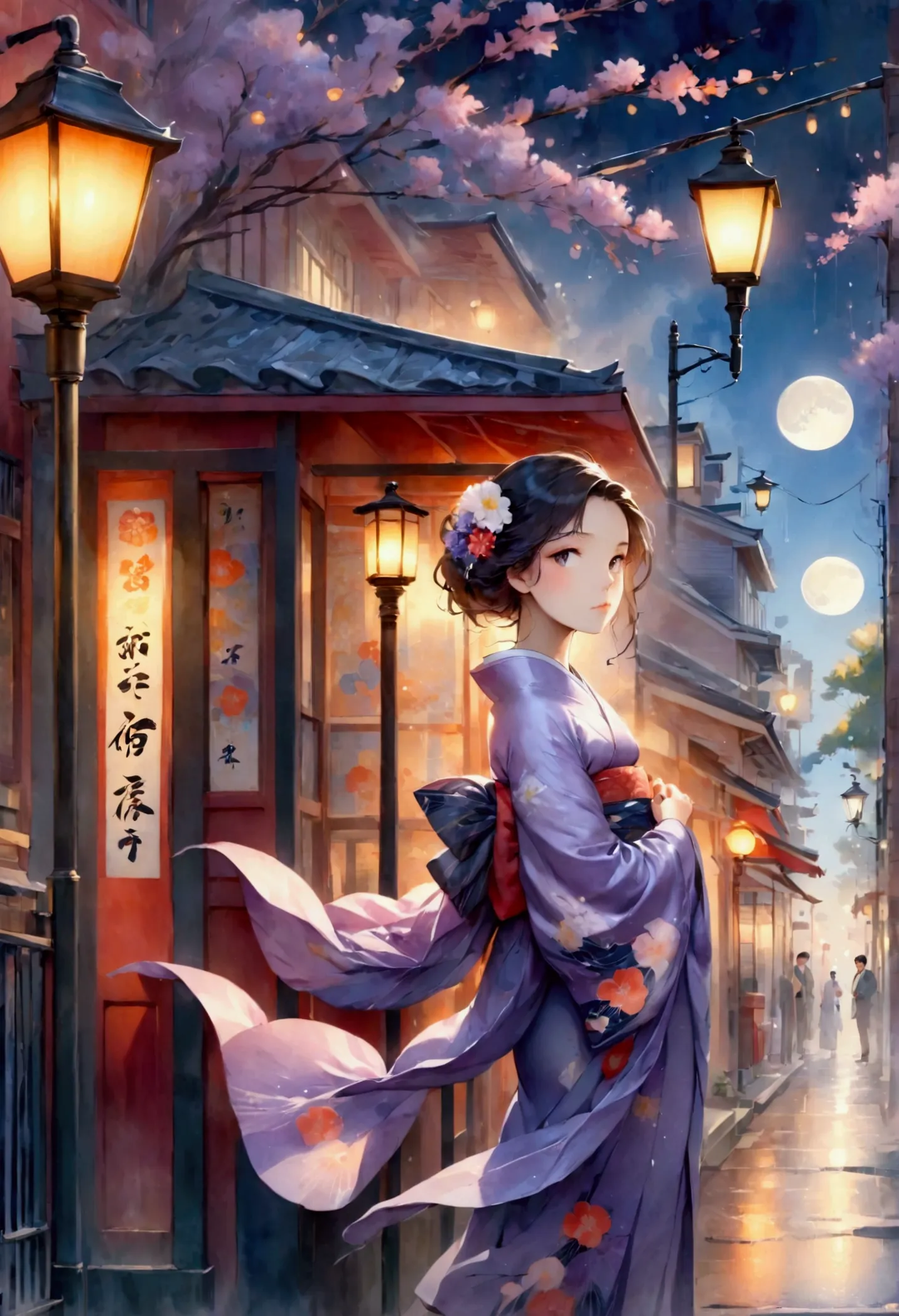 studio ghibli style、under the crescent moon、new orleans street corner、beautiful japanese woman in a kimono leaning against a gas...