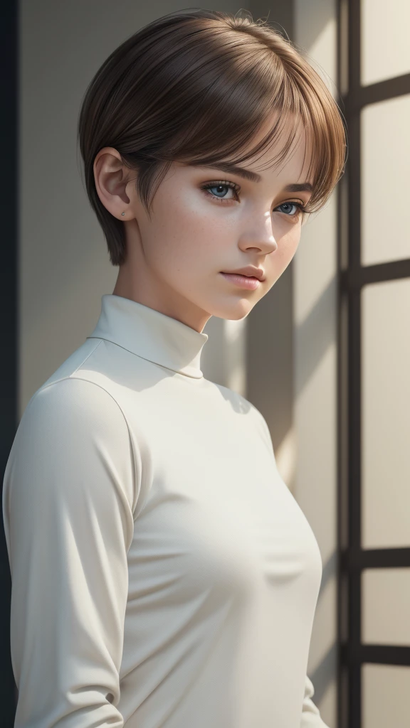 1girl, solo, white long sleeve, short hair, hair pulled back, serene expression, natural lighting, photorealistic, 8k, ultra-detailed, (best quality,4k,8k,highres,masterpiece:1.2),ultra-detailed,(realistic,photorealistic,photo-realistic:1.37), studio lighting, vivid colors, sharp focus