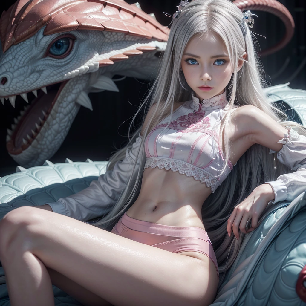 Young woman, (Стройный waist:1.5), detailed face, Blue eyes, White hair, flies on a dragon,pink underwear