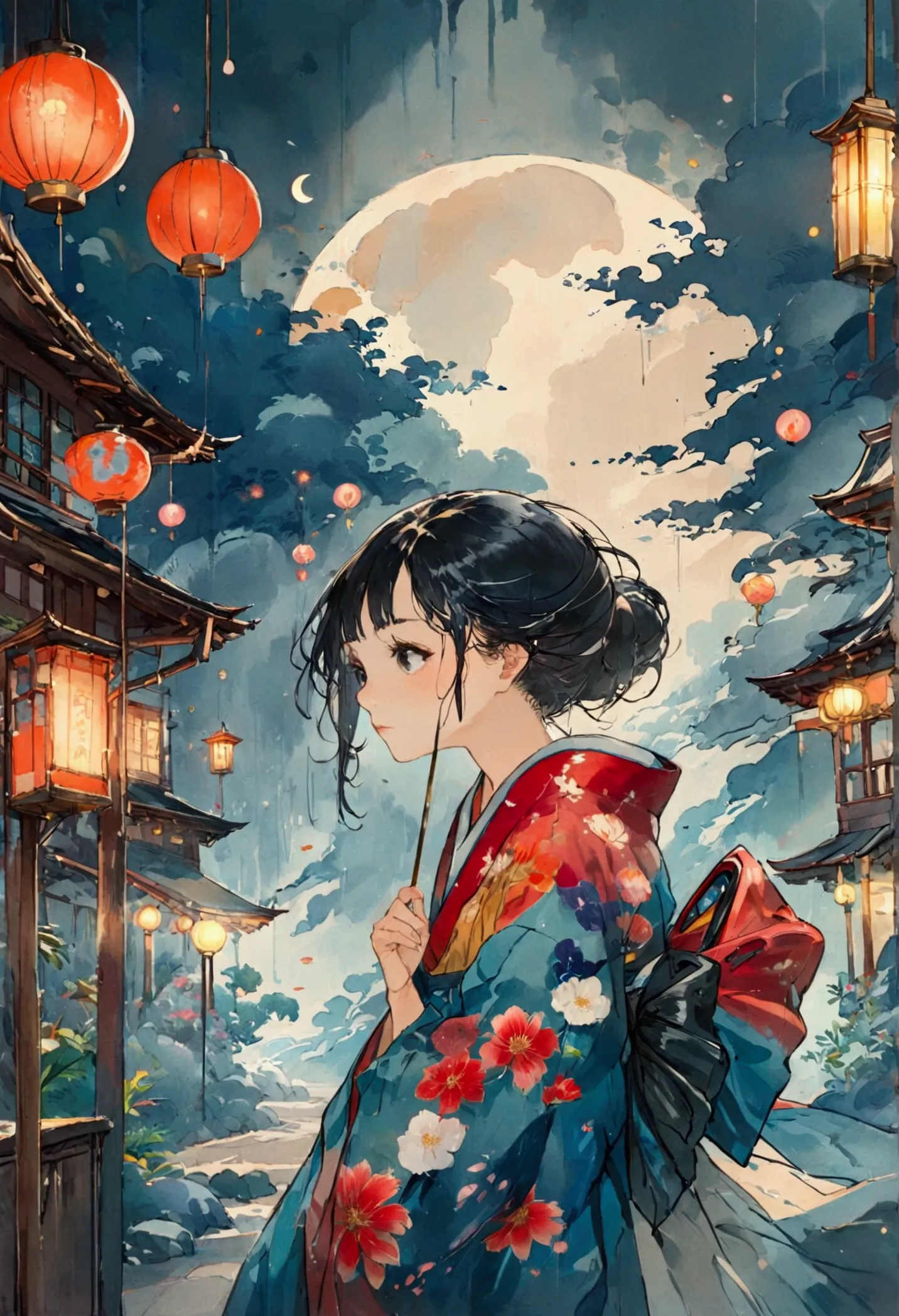 studio ghibli style、under the crescent moon、new orleans street corner、beautiful japanese woman in a kimono leaning against a gas...