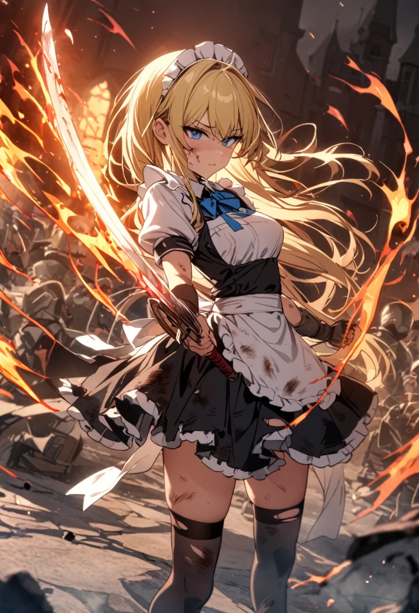 (8k, super high quality, masterpiece), (detailed), One Woman, Small breasts, Blonde, cute, Slightly longer length, Blue ribbon, Apron dress, Maid clothes, Slash with a two-handed sword, Perfect Stance, Burning Battlefield, Castle Defense, My whole body is dirty., Torn clothing, A strong enemy in front of me, Deadly Combat, Intense Combat, Quite dirty, Scorched, injury, Blood